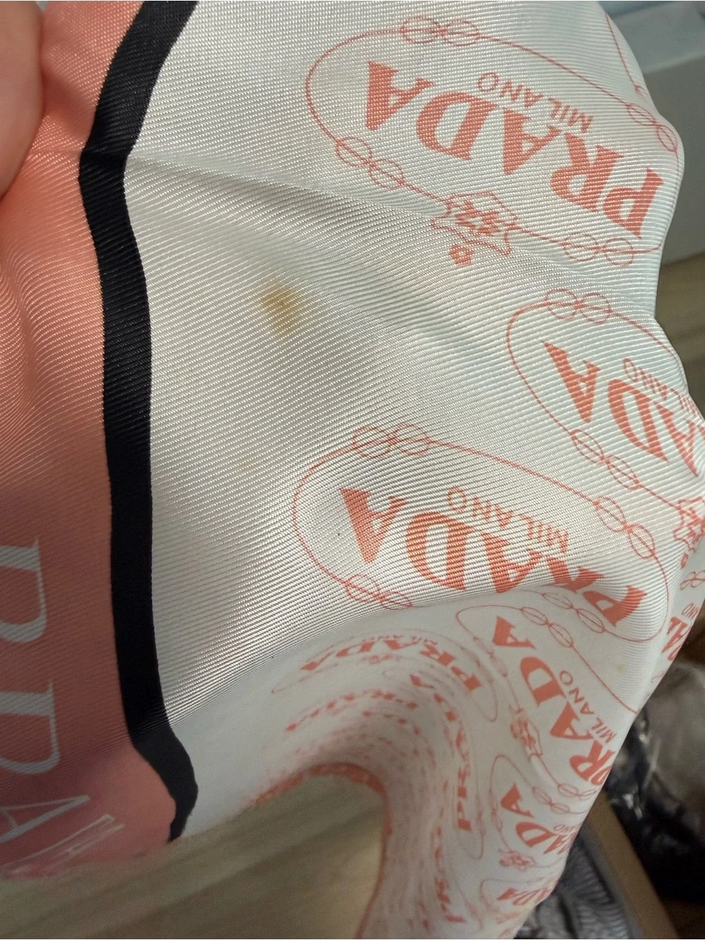 Prada Vintage White Silk Scarf with Pink Logo Repeat and Black Emblem